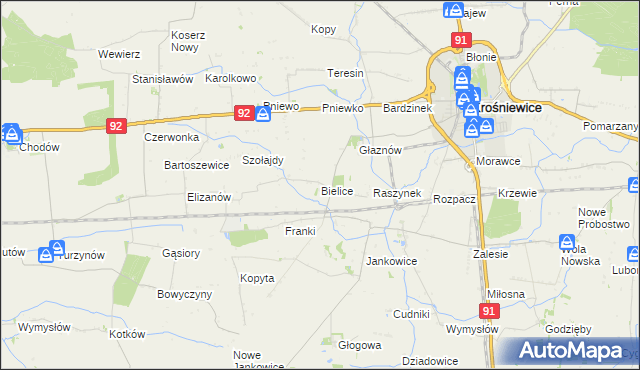 mapa Bielice gmina Krośniewice, Bielice gmina Krośniewice na mapie Targeo