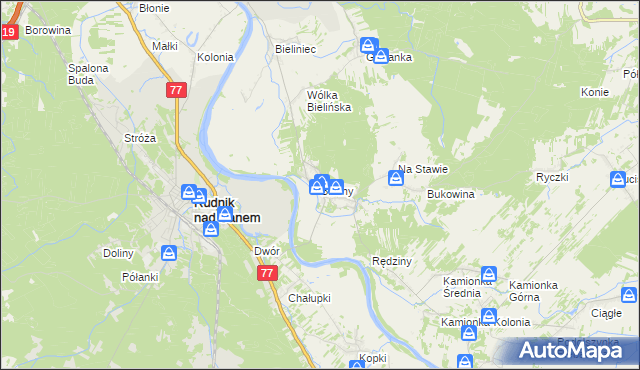 mapa Bieliny gmina Ulanów, Bieliny gmina Ulanów na mapie Targeo
