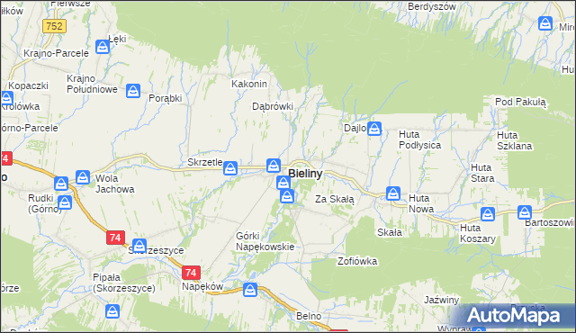 mapa Bieliny powiat kielecki, Bieliny powiat kielecki na mapie Targeo