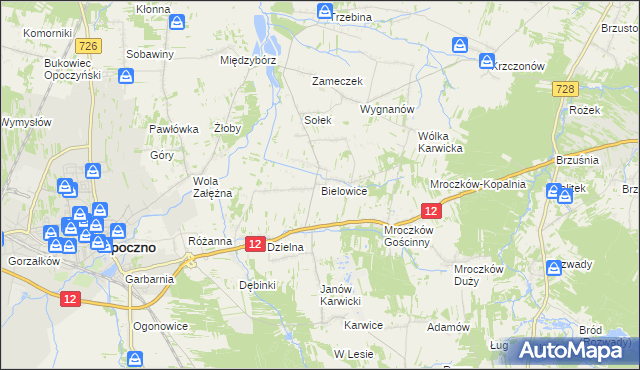 mapa Bielowice gmina Opoczno, Bielowice gmina Opoczno na mapie Targeo