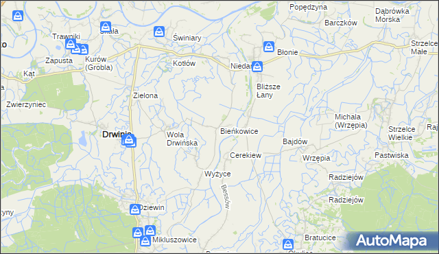 mapa Bieńkowice gmina Drwinia, Bieńkowice gmina Drwinia na mapie Targeo