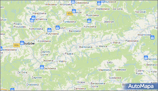 mapa Bieńkówka gmina Budzów, Bieńkówka gmina Budzów na mapie Targeo