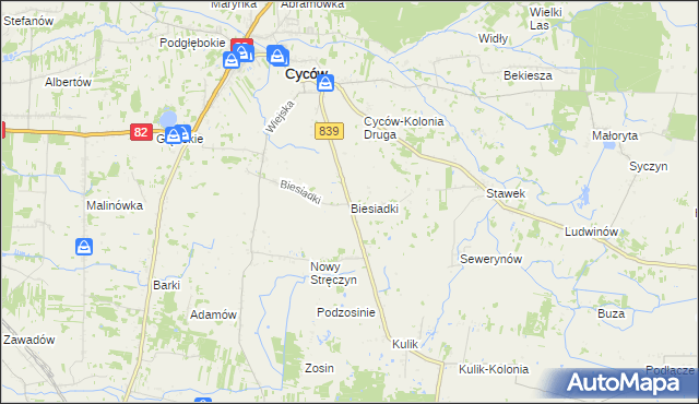 mapa Biesiadki gmina Cyców, Biesiadki gmina Cyców na mapie Targeo