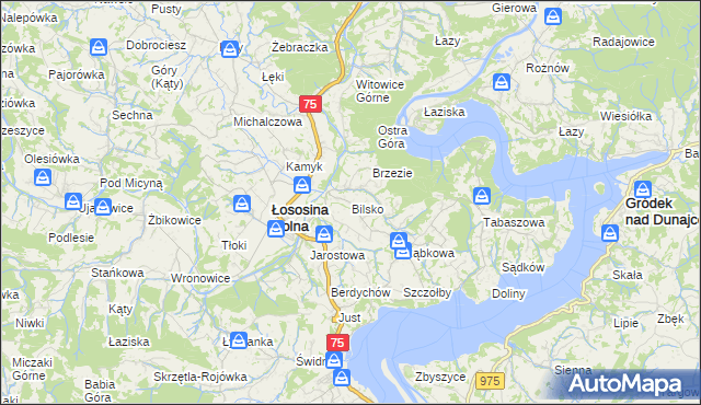 mapa Bilsko gmina Łososina Dolna, Bilsko gmina Łososina Dolna na mapie Targeo