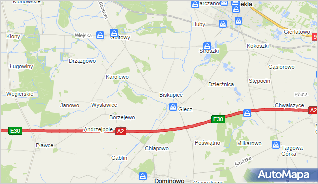 mapa Biskupice gmina Dominowo, Biskupice gmina Dominowo na mapie Targeo
