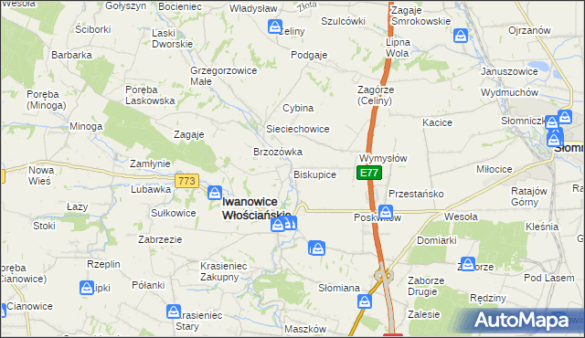 mapa Biskupice gmina Iwanowice, Biskupice gmina Iwanowice na mapie Targeo