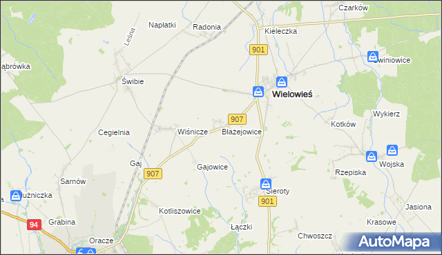 mapa Błażejowice gmina Wielowieś, Błażejowice gmina Wielowieś na mapie Targeo