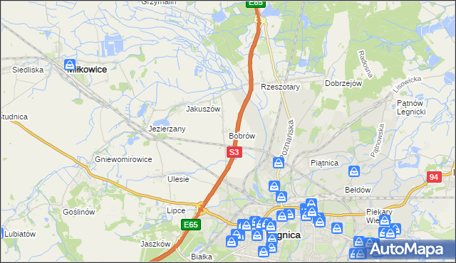 mapa Bobrów gmina Miłkowice, Bobrów gmina Miłkowice na mapie Targeo