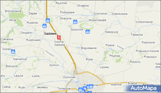 mapa Bogusławice gmina Sadowie, Bogusławice gmina Sadowie na mapie Targeo