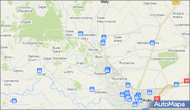 mapa Borki gmina Koło, Borki gmina Koło na mapie Targeo