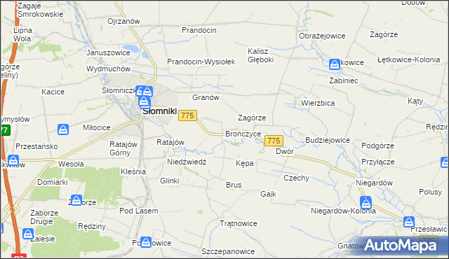 mapa Brończyce gmina Słomniki, Brończyce gmina Słomniki na mapie Targeo