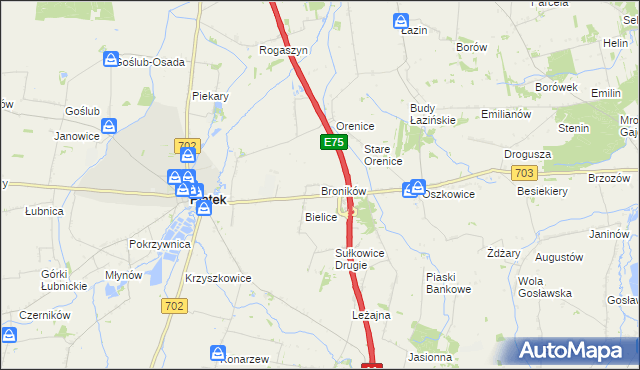 mapa Broników gmina Piątek, Broników gmina Piątek na mapie Targeo