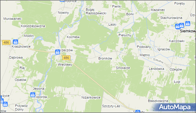 mapa Broników gmina Wierzchlas, Broników gmina Wierzchlas na mapie Targeo