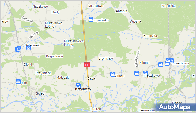 mapa Bronisław gmina Krzykosy, Bronisław gmina Krzykosy na mapie Targeo