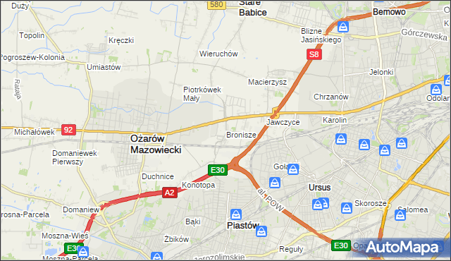 mapa Bronisze gmina Ożarów Mazowiecki, Bronisze gmina Ożarów Mazowiecki na mapie Targeo