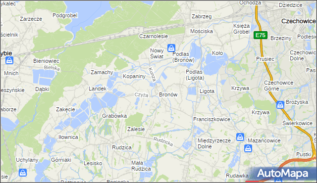 mapa Bronów gmina Czechowice-Dziedzice, Bronów gmina Czechowice-Dziedzice na mapie Targeo