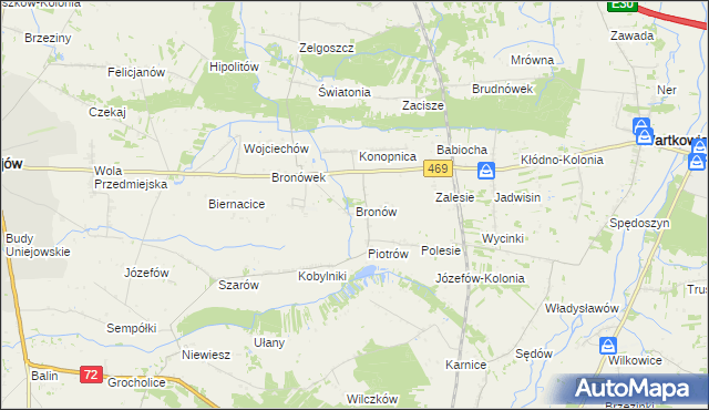 mapa Bronów gmina Wartkowice, Bronów gmina Wartkowice na mapie Targeo