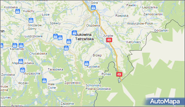 mapa Brzegi gmina Bukowina Tatrzańska, Brzegi gmina Bukowina Tatrzańska na mapie Targeo