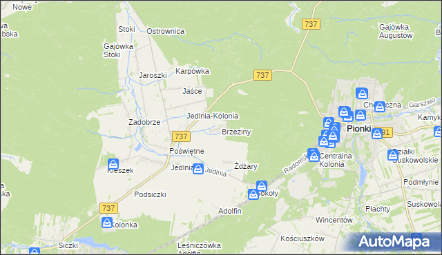 mapa Brzeziny gmina Pionki, Brzeziny gmina Pionki na mapie Targeo