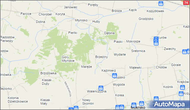 mapa Brzeziny gmina Skomlin, Brzeziny gmina Skomlin na mapie Targeo