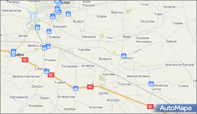 mapa Brzeziny gmina Żychlin, Brzeziny gmina Żychlin na mapie Targeo
