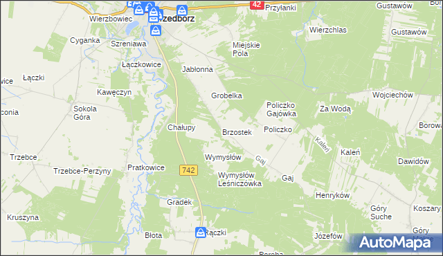 mapa Brzostek gmina Przedbórz, Brzostek gmina Przedbórz na mapie Targeo