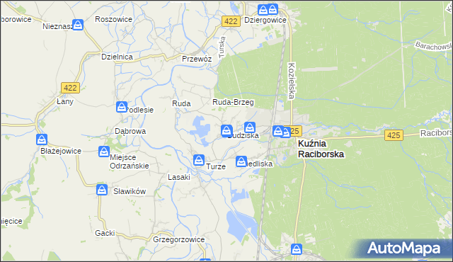 mapa Budziska gmina Kuźnia Raciborska, Budziska gmina Kuźnia Raciborska na mapie Targeo