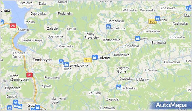 mapa Budzów powiat suski, Budzów powiat suski na mapie Targeo