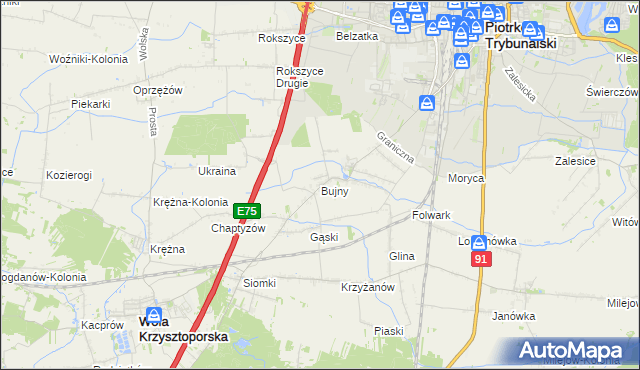 mapa Bujny gmina Wola Krzysztoporska, Bujny gmina Wola Krzysztoporska na mapie Targeo