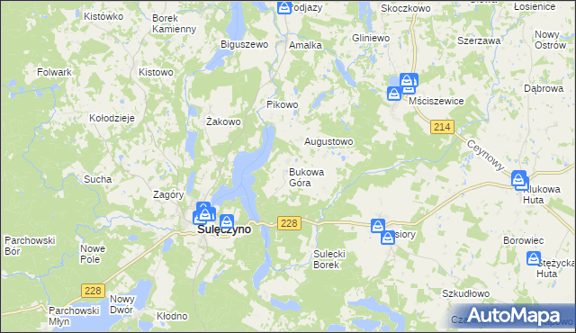 mapa Bukowa Góra gmina Sulęczyno, Bukowa Góra gmina Sulęczyno na mapie Targeo