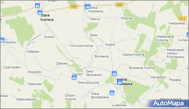 mapa Bukowice gmina Leśna Podlaska, Bukowice gmina Leśna Podlaska na mapie Targeo
