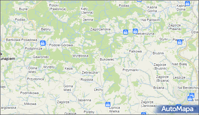 mapa Bukowiec gmina Korzenna, Bukowiec gmina Korzenna na mapie Targeo