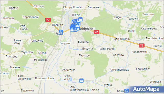 mapa Byczyna gmina Poddębice, Byczyna gmina Poddębice na mapie Targeo