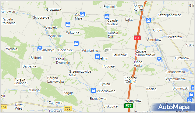 mapa Celiny gmina Iwanowice, Celiny gmina Iwanowice na mapie Targeo