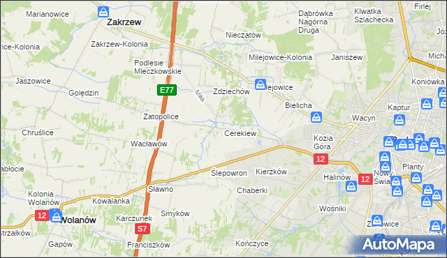 mapa Cerekiew gmina Zakrzew, Cerekiew gmina Zakrzew na mapie Targeo