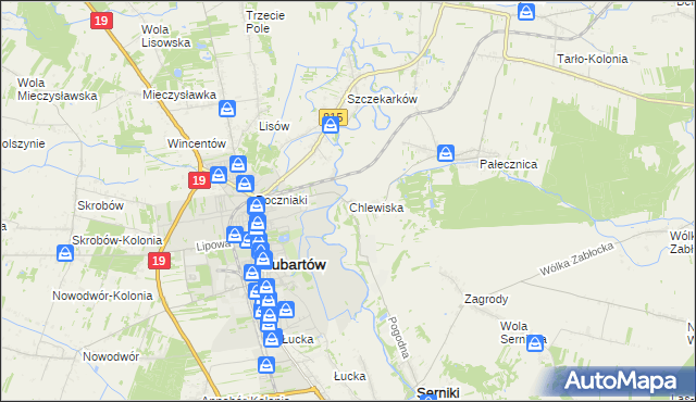 mapa Chlewiska gmina Lubartów, Chlewiska gmina Lubartów na mapie Targeo