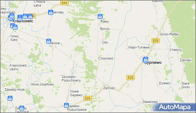mapa Chojnowo gmina Sypniewo, Chojnowo gmina Sypniewo na mapie Targeo