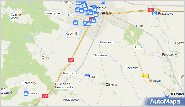 mapa Chrustowo gmina Grodzisk Wielkopolski, Chrustowo gmina Grodzisk Wielkopolski na mapie Targeo