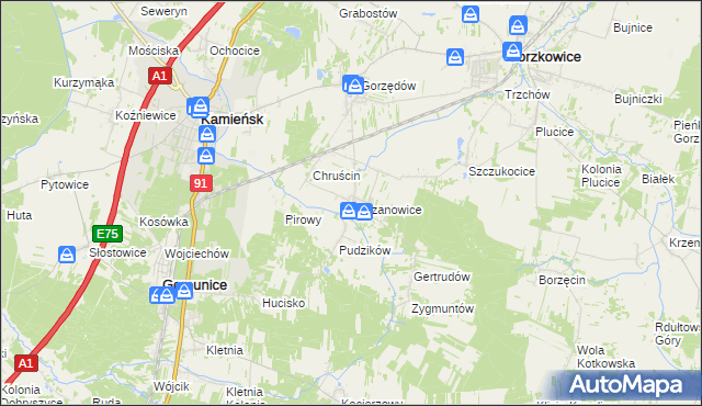 mapa Chrzanowice gmina Gomunice, Chrzanowice gmina Gomunice na mapie Targeo