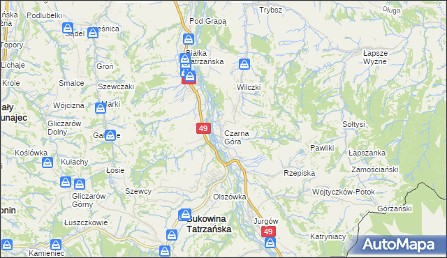 mapa Czarna Góra gmina Bukowina Tatrzańska, Czarna Góra gmina Bukowina Tatrzańska na mapie Targeo