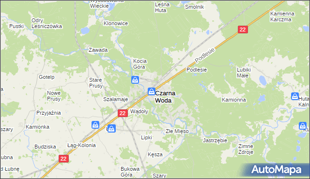 mapa Czarna Woda powiat starogardzki, Czarna Woda powiat starogardzki na mapie Targeo