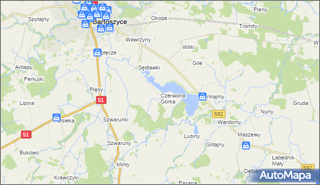 mapa Czerwona Górka gmina Bartoszyce, Czerwona Górka gmina Bartoszyce na mapie Targeo
