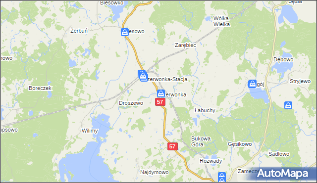 mapa Czerwonka gmina Biskupiec, Czerwonka gmina Biskupiec na mapie Targeo
