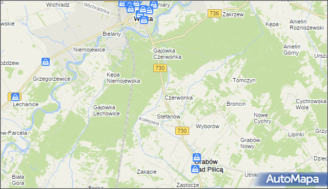 mapa Czerwonka gmina Grabów nad Pilicą, Czerwonka gmina Grabów nad Pilicą na mapie Targeo