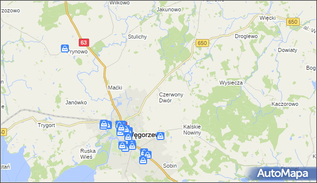 mapa Czerwony Dwór gmina Węgorzewo, Czerwony Dwór gmina Węgorzewo na mapie Targeo