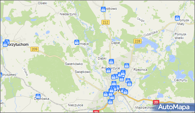 mapa Dąbki gmina Bytów, Dąbki gmina Bytów na mapie Targeo