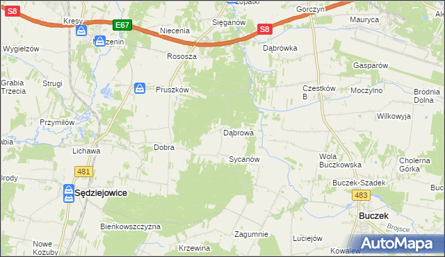 mapa Dąbrowa gmina Buczek, Dąbrowa gmina Buczek na mapie Targeo