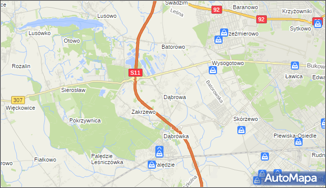 mapa Dąbrowa gmina Dopiewo, Dąbrowa gmina Dopiewo na mapie Targeo