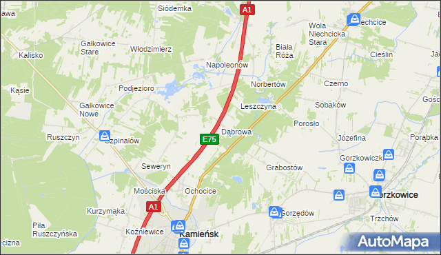 mapa Dąbrowa gmina Kamieńsk, Dąbrowa gmina Kamieńsk na mapie Targeo