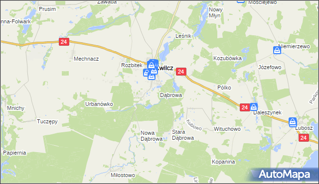 mapa Dąbrowa gmina Kwilcz, Dąbrowa gmina Kwilcz na mapie Targeo